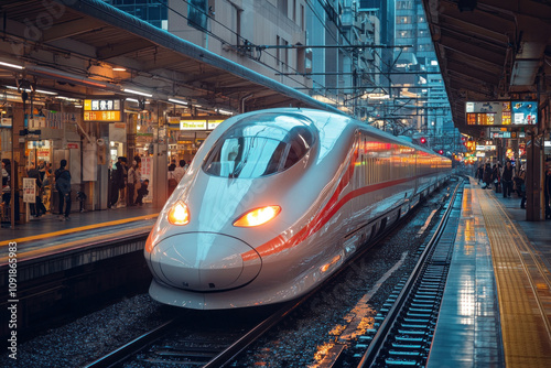 a modern high-speed train at a station in an urban landscape, presumably in one of the major cities of Japan.  photo