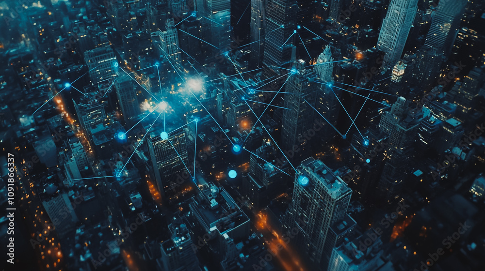 Smart digital Innovation Business skyscrapers in the Financial District with connection network reciprocity over the cityscape. of future smart wireless digital city and social media networking

