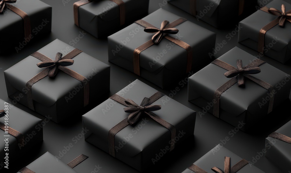 Black gift boxes arranged on dark background, black friday discounts concept Black gift boxes arranged on dark background, black friday discounts concept