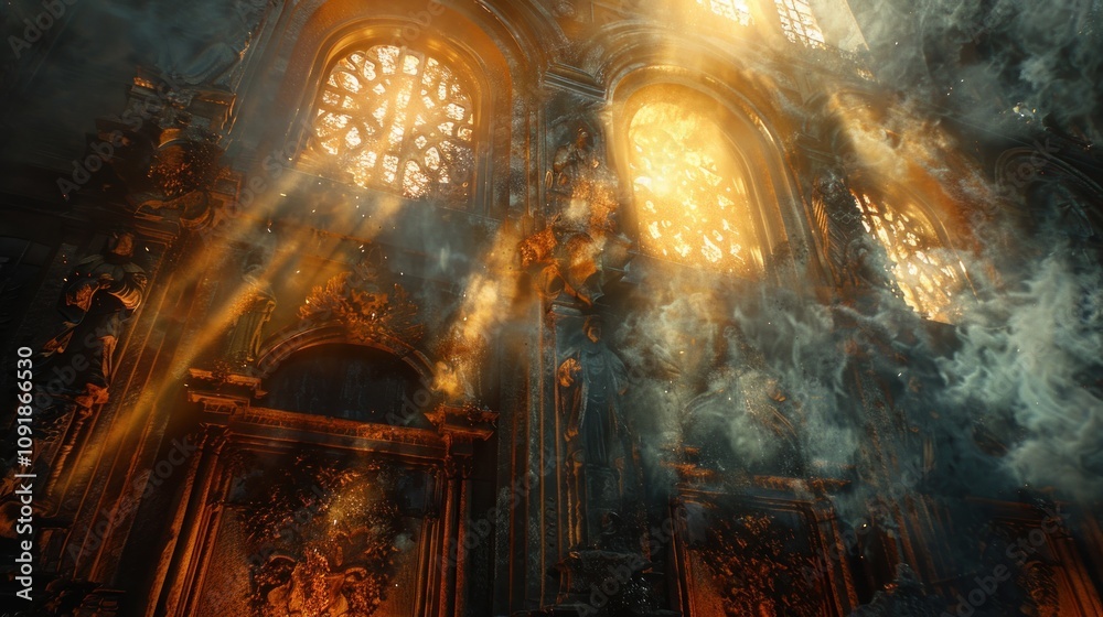 Obraz premium A grand, illuminated interior with ornate architecture and dramatic light.