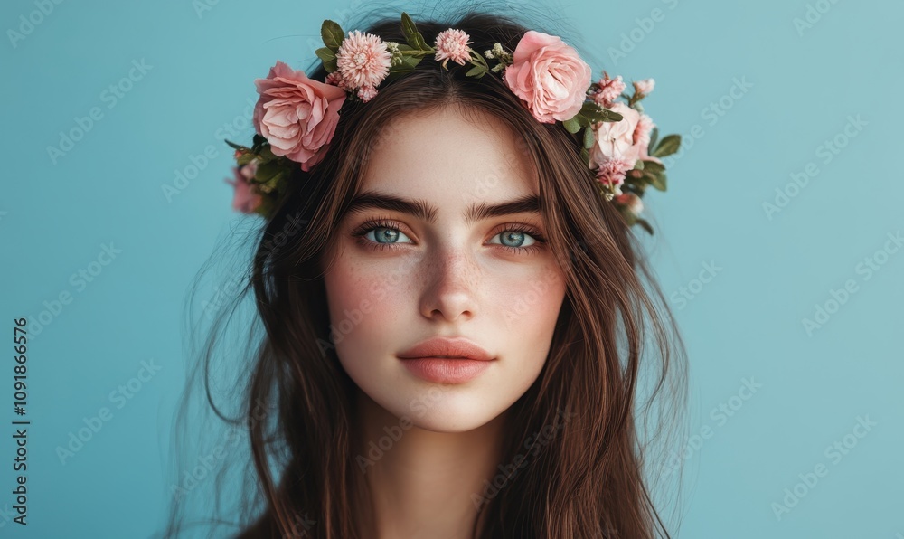 Naklejka premium Close-up portrait of a young woman with long brown hair and a flower crown, standing against a blue background. Concept of beauty, nature, and fresh spring vibes.