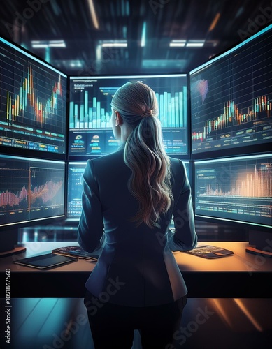 A professional investor observes a financial dashboard on several monitors