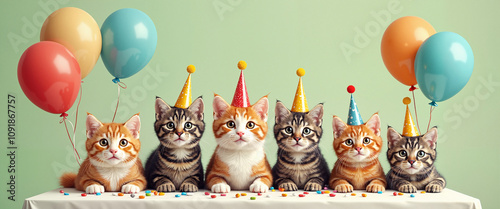Kittens wearing party hats with balloons on green background