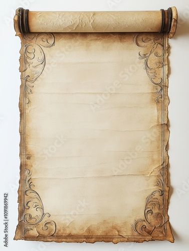 A vintage scroll with ornate edges, perfect for invitations or announcements, background designs, or artistic projects, Its aged texture adds a classic touch to any document or creative design,