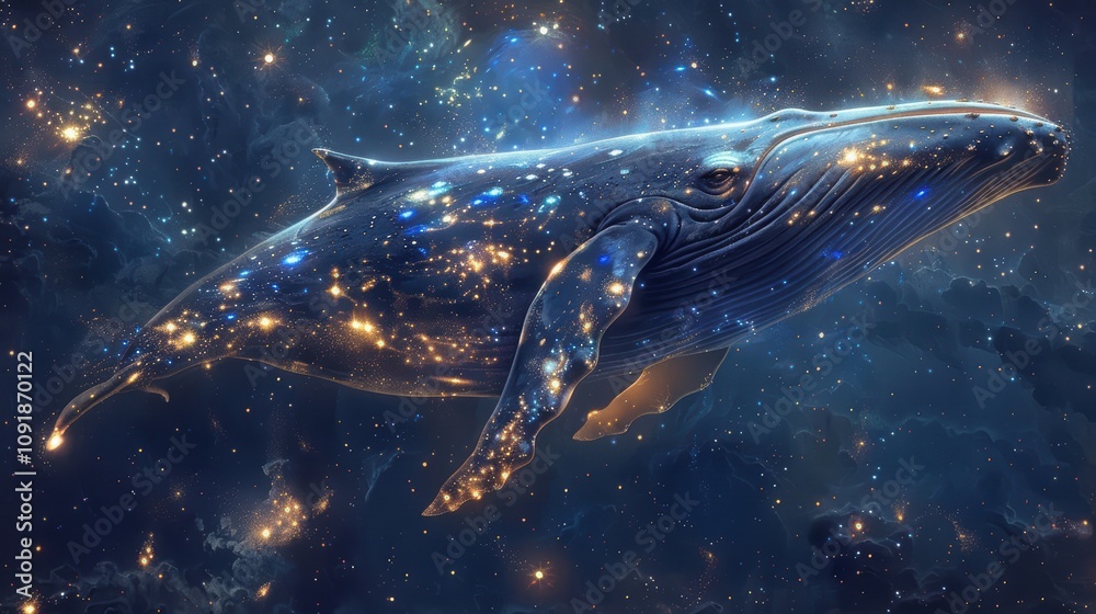 Fototapeta premium A cosmic whale swims through a star-filled galaxy, blending marine life with the mysteries of the universe, Ideal for projects about space, ecology, or the interconnectedness of life and cosmos,