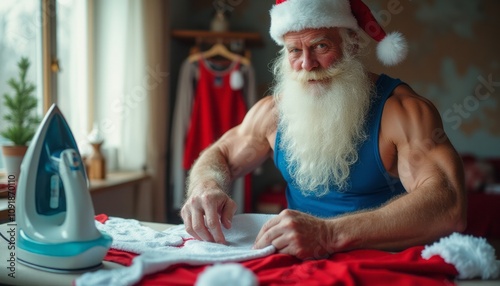 A muscular Santa Claus, clad in a sleeveless blue shirt, meticulously irons a fluffy white fabric on a table adorned with vibrant red Christmas attire. The warm, cozy atmosphere of the room photo