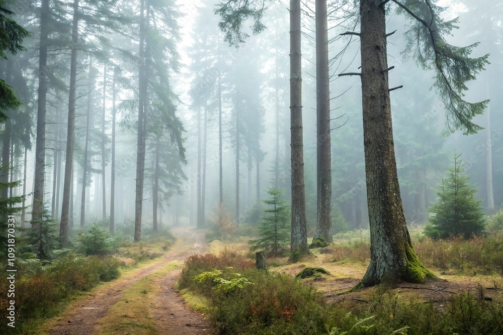 Fototapeta premium Watercolor background of a peaceful forest with tall trees and a misty atmosphere, tree line, forest floor, foliage