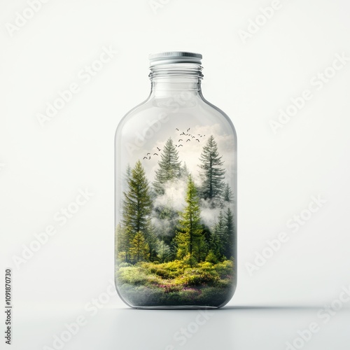 A glass bottle showcases a miniature forest scene, featuring lush greenery, mist, and birds, This image can be used for eco-friendly projects, nature conservation themes, or wellness marketing, photo