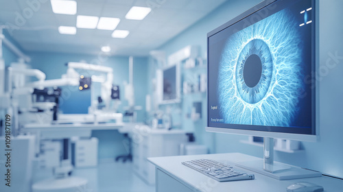 Glaucoma. A modern eye clinic featuring advanced technology and a detailed image of an eye on the screen, emphasizing ophthalmic care and diagnosis. photo