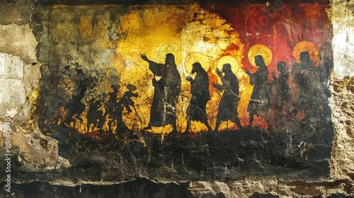 Early Christian Mural Depicting the Harrowing of Hell with Jesus Surrounded by Figures in a Dramatic Scene of Redemption and Hope, Showcasing Rich Colors and Historical Significance