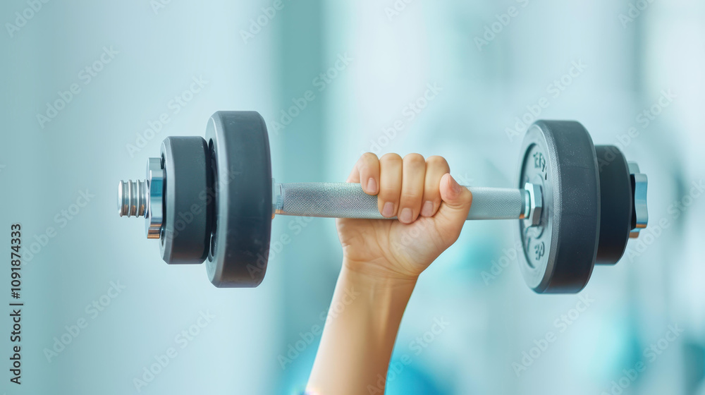 Fototapeta premium Female hand grips a dumbbell from the weights shelf, showcasing strength training and dedication in the gym.