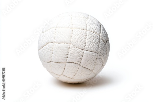 A close-up of a textured white volleyball, showcasing its seams and spherical shape against a plain background. photo