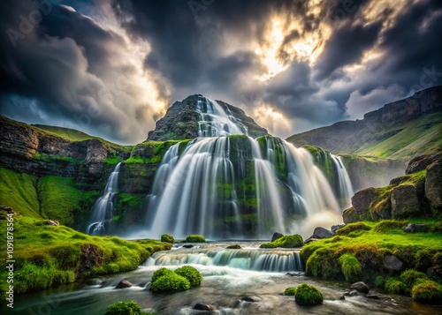 Majestic Double Exposure of Dynjandi Waterfall in Iceland with Intensifying Rain Creating a Powerful and Enchanting Cascade of Nature's Beauty photo