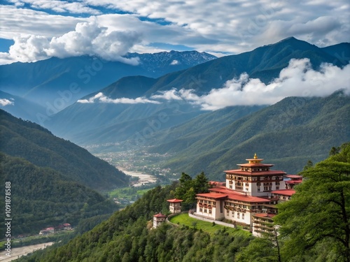 Majestic Double Exposure of Phuentsholing, Bhutan Showcasing the Serene Panorama of the Heavens and Royal Kingdom with Lush Green Valleys and Mystical Mountains photo