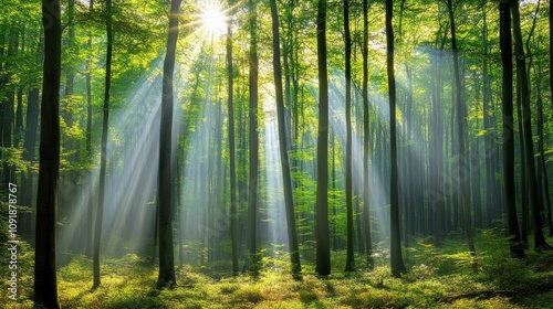 Sunbeams pierce a lush, green forest.