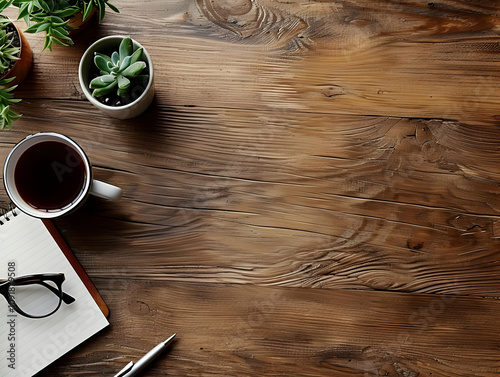 Office Deck and Office table hero image, Home office workspace mockup with laptop, clipboard, coffee cup. Office table top view hero image