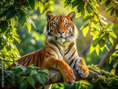 Majestic Tiger Perched on a Tree Branch Amidst Lush Greenery, Capturing the Essence of Nature and Wildlife in Stunning Architectural Photography photo