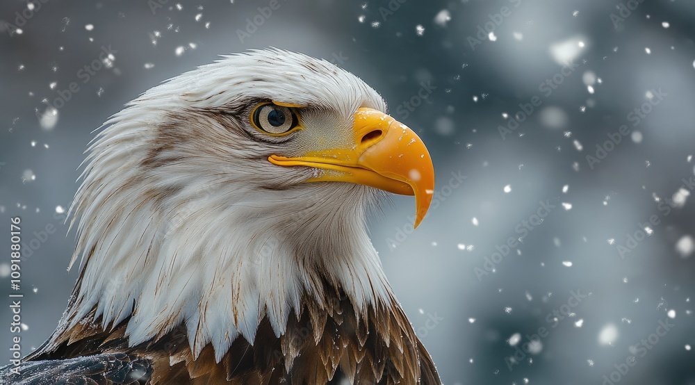 Obraz premium Close-up of bald eagle's head in snowfall.
