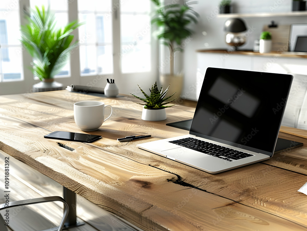 Fototapeta premium Office Deck and Office table hero image,&nbsp;Home office workspace mockup with laptop, clipboard, coffee cup. Office table top view hero image
