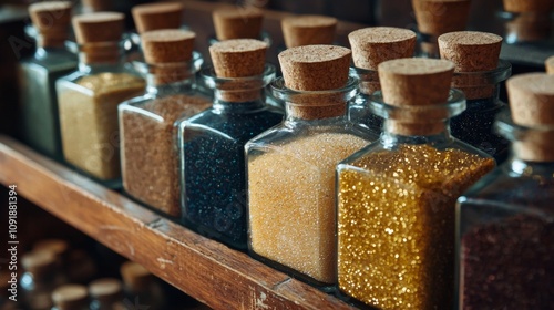 Glass jars with glitter powders on a wooden shelf photo