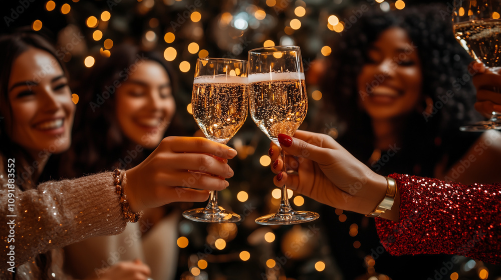 a close up of a toast with sparkling wine in crystal glasses champagne during a new year's celebration with friends women