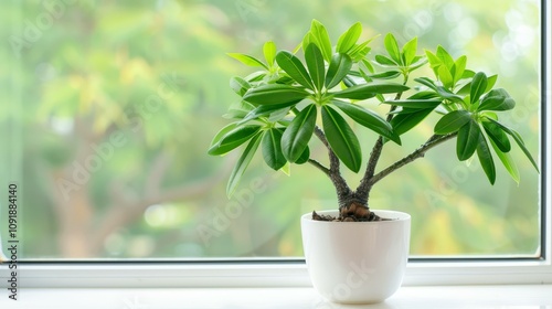 Brighten your home with lush indoor plants basking in the sun on a window sill, adding life and freshness to your space. photo