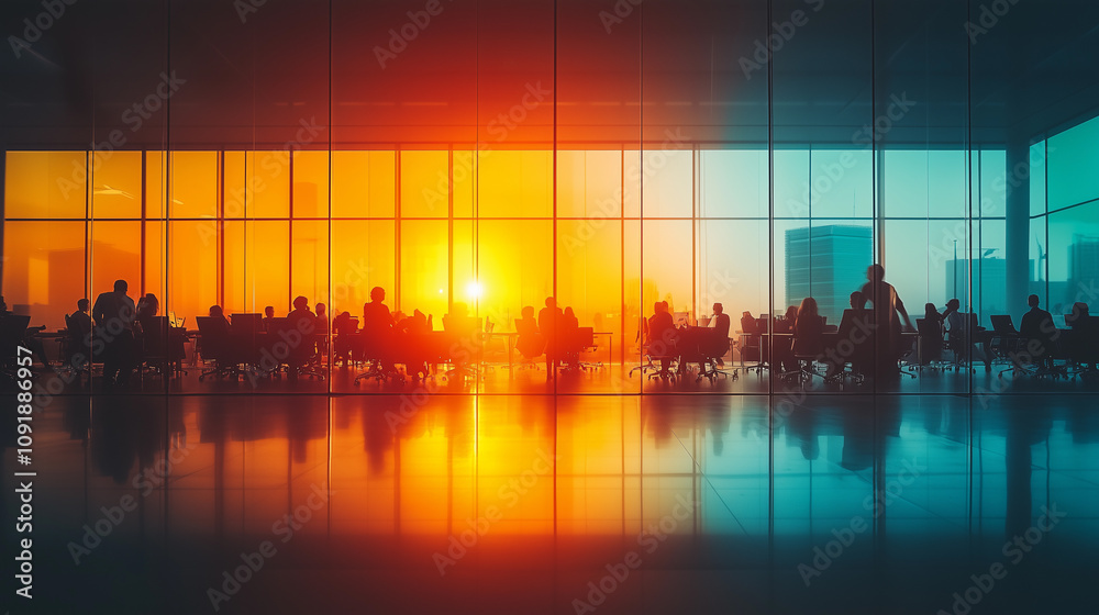 general shot against the light showing silhouettes of people working in an office building at sunset