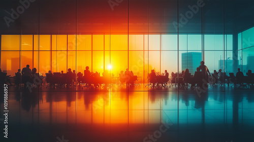 Obraz na płótnie general shot against the light showing silhouettes of people working in an office building at sunset w salonie