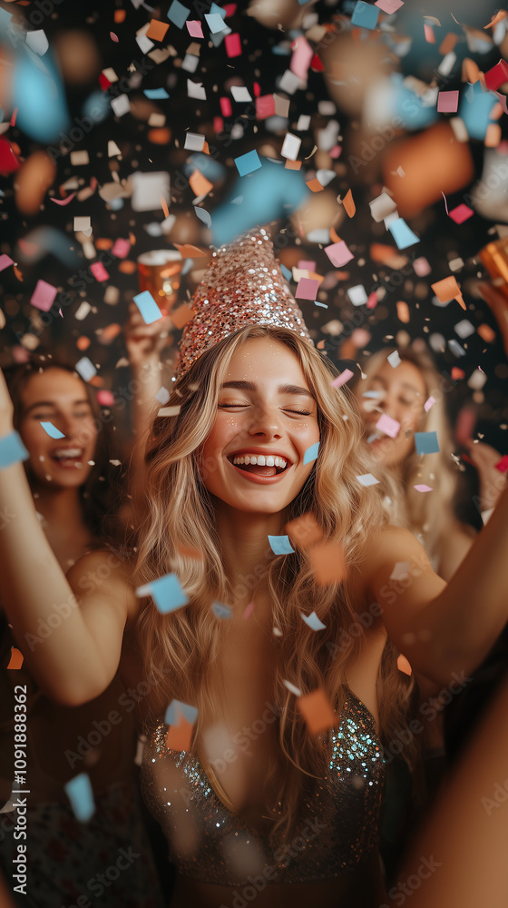 a young blonde woman celebrating happily with friends and colleagues during a new year's office party