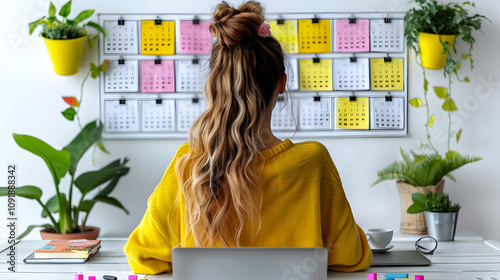 digital businesswoman organizing calendar appointments and meetings on laptop with white shades, simple style, png photo