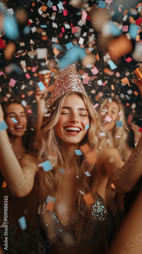 Obraz na płótnie a young blonde woman celebrating happily with friends and colleagues during a new year's office party w salonie