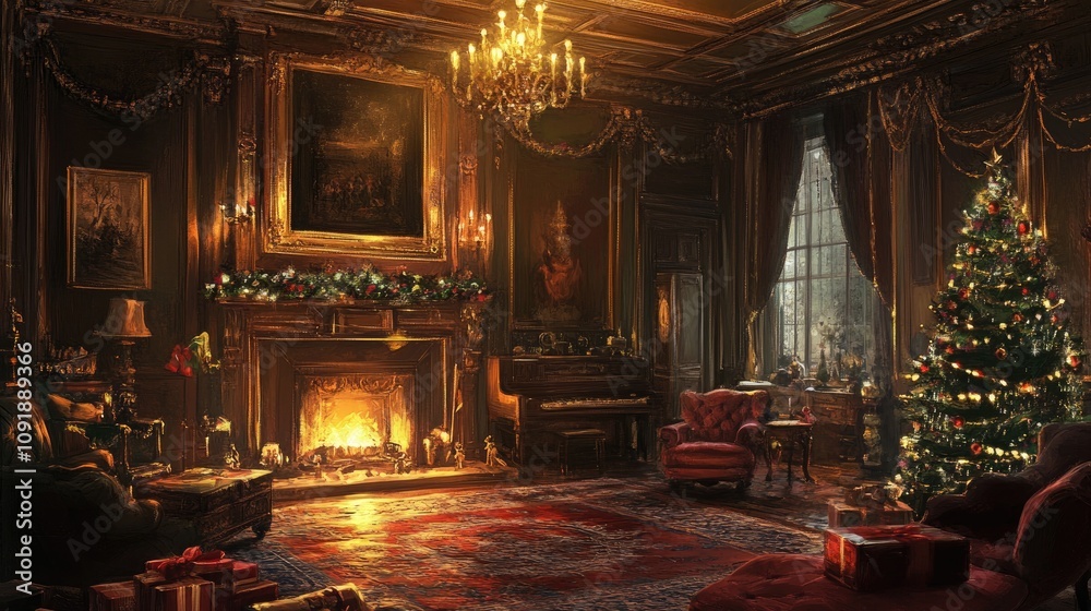 Obraz premium New Year's gift party, Drawing room background