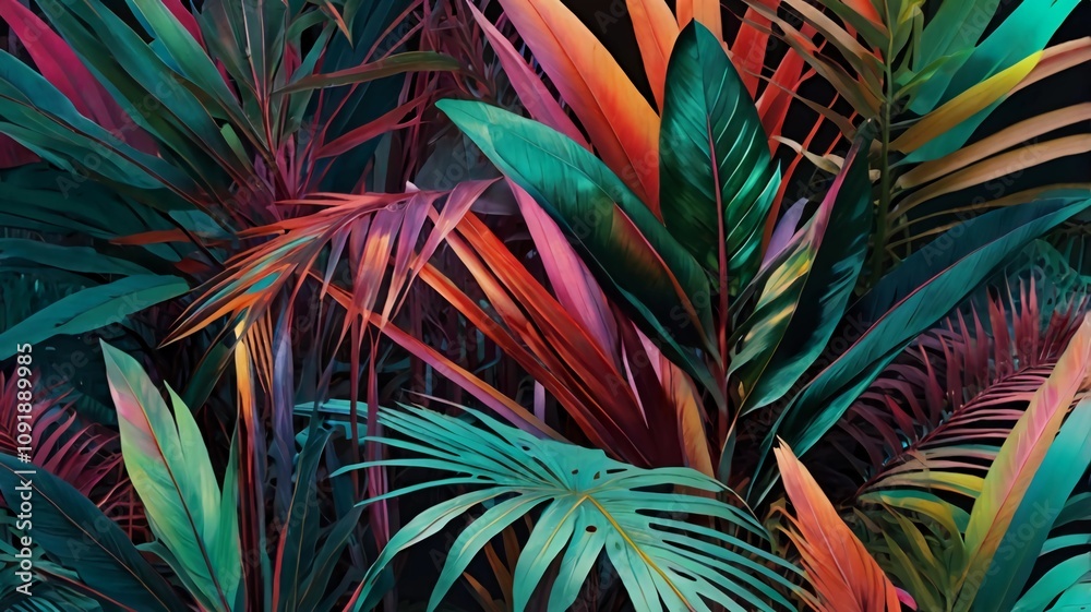 Fototapeta premium Tropical and palm leaves in vibrant bold gradient holographic colors. Concept art. Minimal surrealism