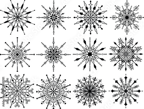Beautiful black and white Ornamental Snowflake Mandala Collection