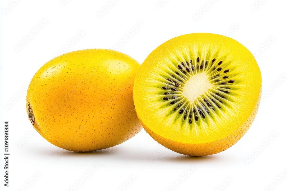 Fototapeta premium Two yellow kiwis, one whole and one sliced, showcasing their vibrant color and unique pattern, set against a clean white background.