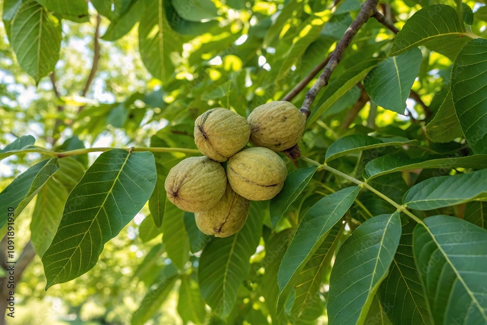 Fototapeta premium A cluster of fresh walnuts hanging from a tree branch, surrounded by lush green leaves and sunlight, walnuts, tree, autumn, outdoors