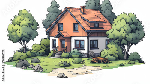 house in forest. cottage and townhouse in forest. real estate and private property in nature. facade and exterior of home in nature. linear vector illustration with a white accent, isometry photo