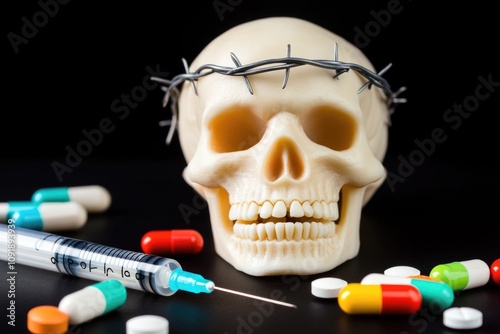 Skull with barbed wire and pills: symbol of danger and medical addiction photo