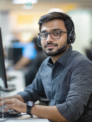 Indian male customer service representative working in busy office