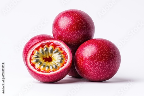 Vibrant red passion fruits, one cut in half, revealing its colorful, seedy interior against a clean white background. photo