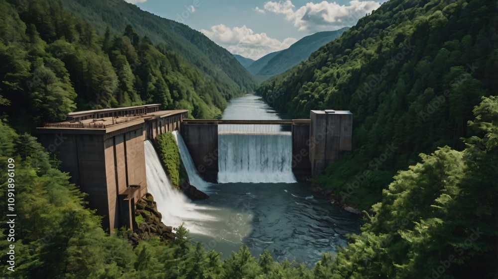 Fototapeta premium Water cascades beautifully over a dam surrounded by lush mountains in a serene landscape