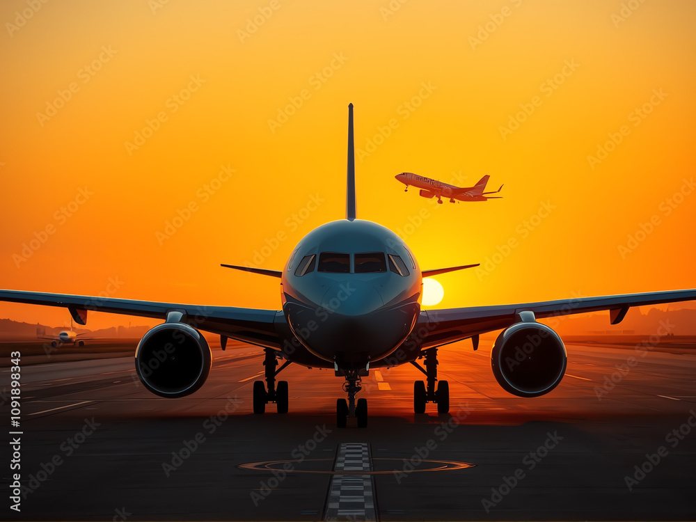 Obraz premium Airplanes taxiing at sunset with a vibrant orange sky in the background