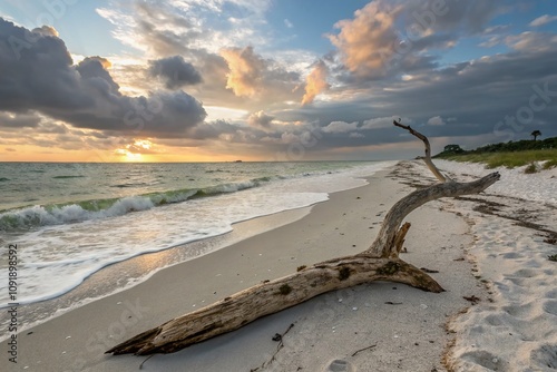 Serene Driftwood on Boca Grandi Beach: A Stunning Landscape with Gentle Waves, Golden Sand, and Dramatic Sky for Nature and Travel Enthusiasts photo