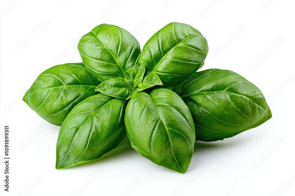 Fototapeta premium Fresh basil leaves, vibrant green, arranged neatly, ideal for culinary use, garnishing, and enhancing flavors in various dishes.