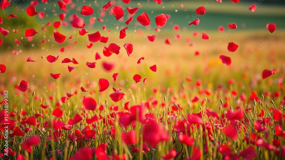 Fototapeta premium A delicate shower of red rose petals falls gently across a meadow landscape, petal trail, field, red roses