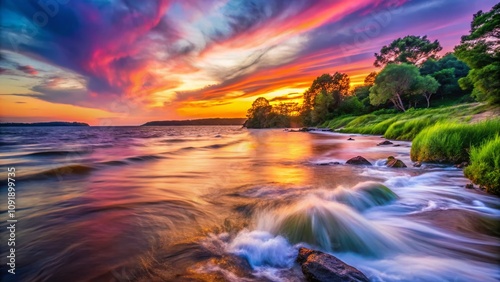 Serene Long Exposure of Bayley 45 Baylor Landscape at Sunset with Soft Waves and Lush Greenery, Perfect for Nature Lovers and Travel Enthusiasts Capturing Tranquility photo