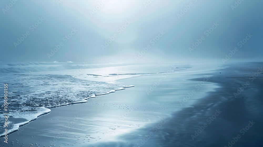 Fototapeta premium Tranquil Seascape at Dawn with Soft Hues and Gentle Waves, Capturing the Serenity of Nature with Misty Atmosphere and Smooth Sand along the Shoreline