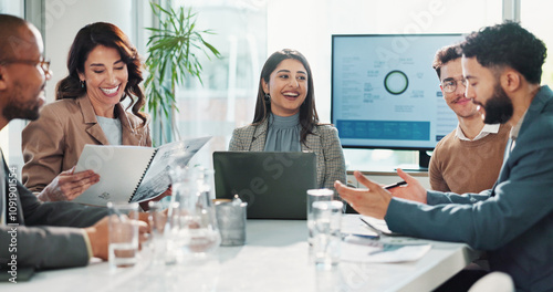 Happy, finance or business people meeting with project feedback, portfolio or teamwork. Revenue report, paperwork or financial advisor talking to economists for economy good news or planning together