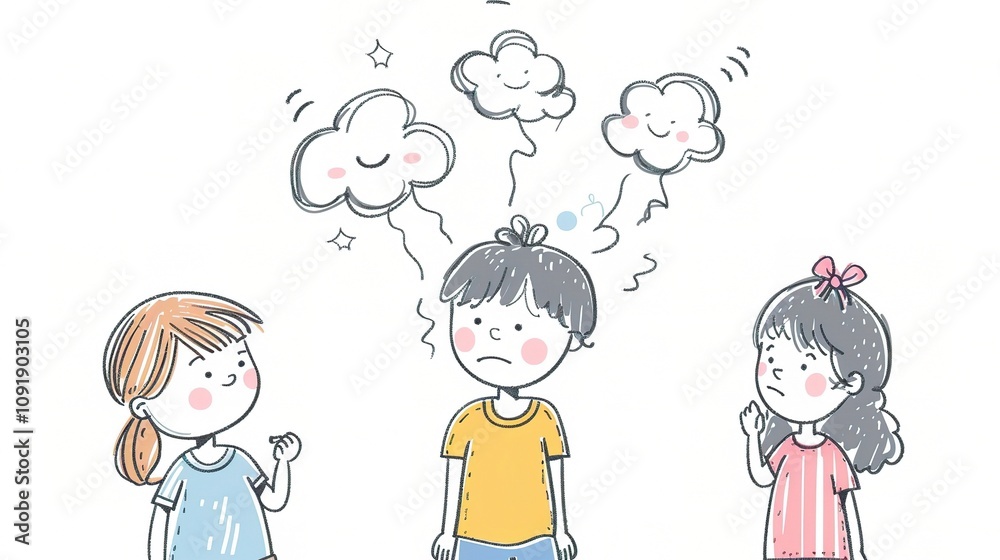 Hand Drawn Children's Thinking Cartoon - A Whimsical World of Imagination. The Delicate Hand - Drawn Style, with Its Charming Lines and Colors, Depicting Children in a State of Deep Thought Hand Drawn Children's Thinking Cartoon - A Whimsical World of Imagination. The Delicate Hand - Drawn Style, with Its Charming Lines and Colors, Depicting Children in a State of Deep Thought