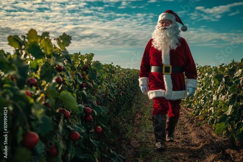 5am Santa Claus in the middle of the Agro plantation. Generative AI photo